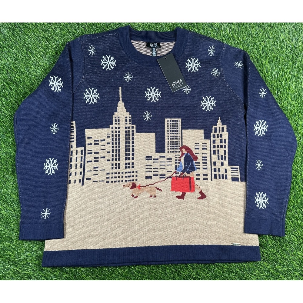 Jones New York‎ Sweater Winter City Scene Lady Walking Dachshund Medium NEW